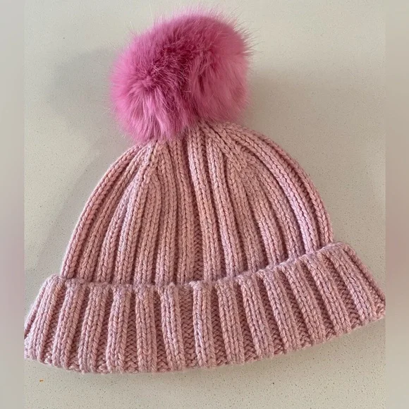 J. Crew Cashmere Blend Light Pink Knit Beanie with Faux Pom-Pom